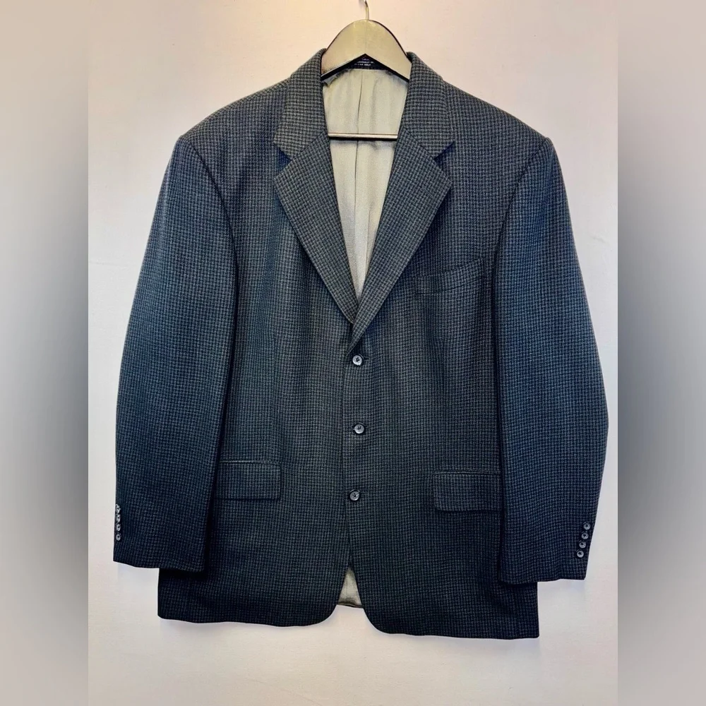 Oscar De La Renta mens sz 44R black‎ gray microcheck 100% wool blazer sport coat
